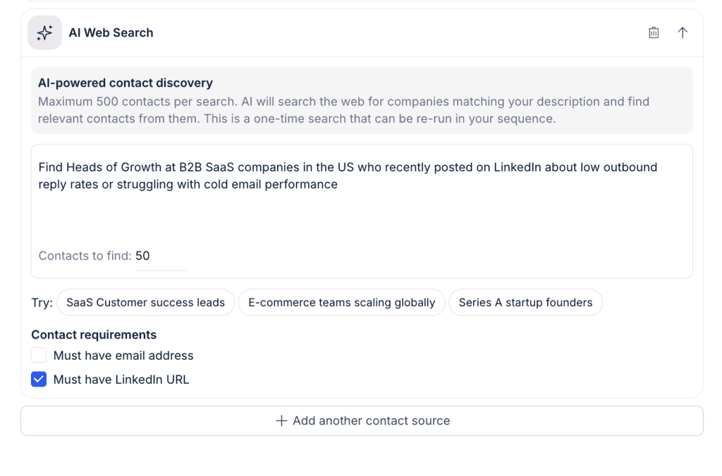 Jason AI's AI Web Search panel finding contacts from a plain-language description, part of executing a sales outreach plan