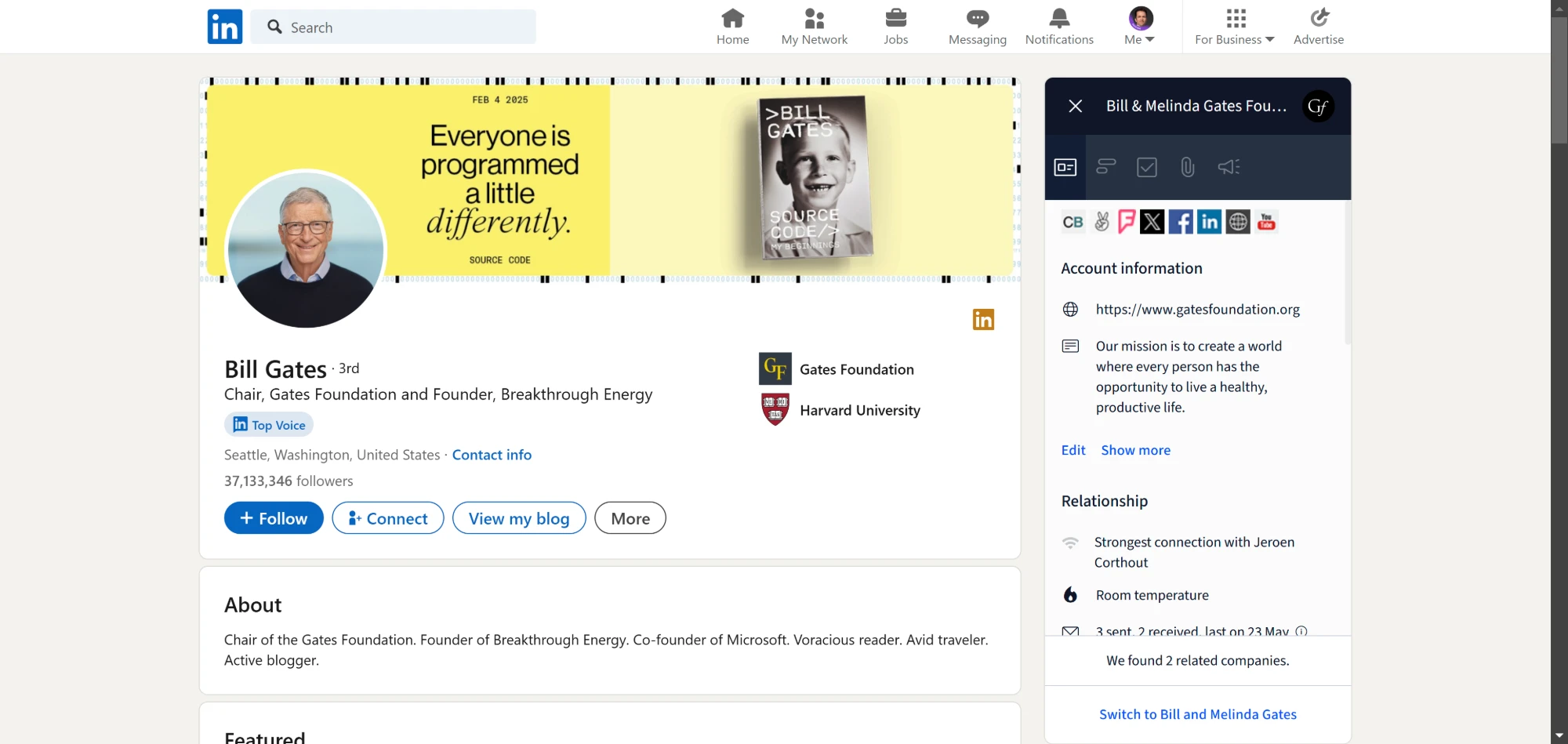 LinkedIn profile of Bill Gates with sidebar panel