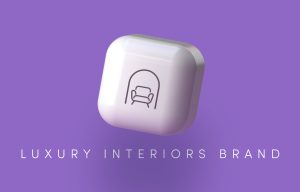 Logo concept: glossy white rounded-square with a sofa illustration on a purple background, captioned 'Luxury Interiors Brand' at the bottom.