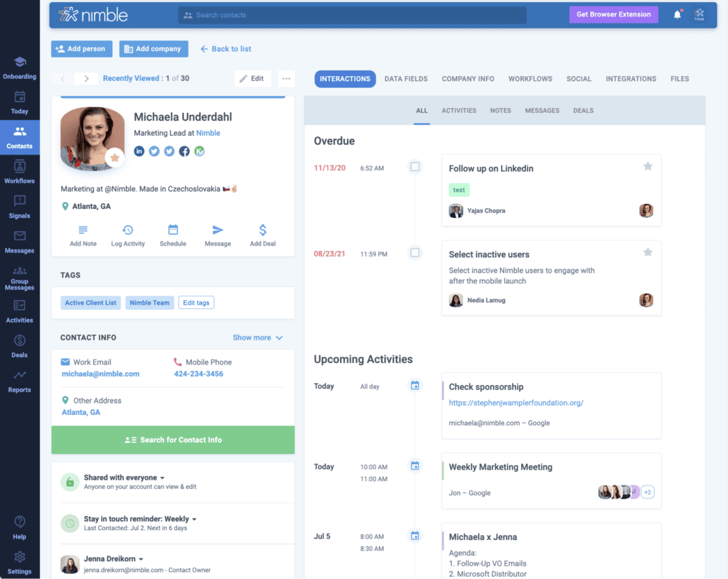 Nimble contact record showing social profile links, activity timeline, upcoming tasks, and a Search for Contact Info button