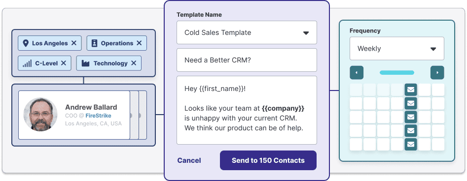 UI mockup of a CRM template editor with tag filters left, template form center, and weekly calendar right.
