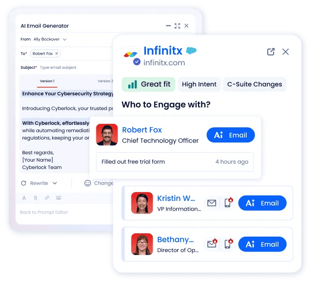 UI of Infinix AI Email Generator showing contact cards with names, titles, and an Email button for each contact.