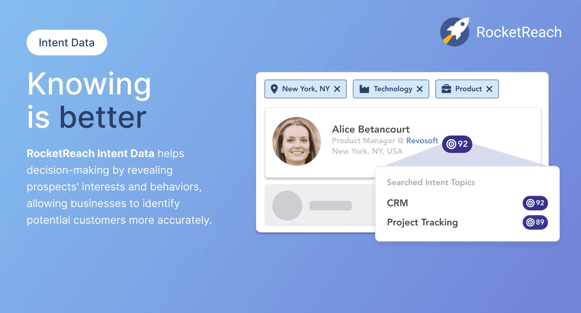 RocketReach Intent Data hero: blue gradient background, large 'Knowing is better' text, profile card with tags, and RocketReach logo in corner.