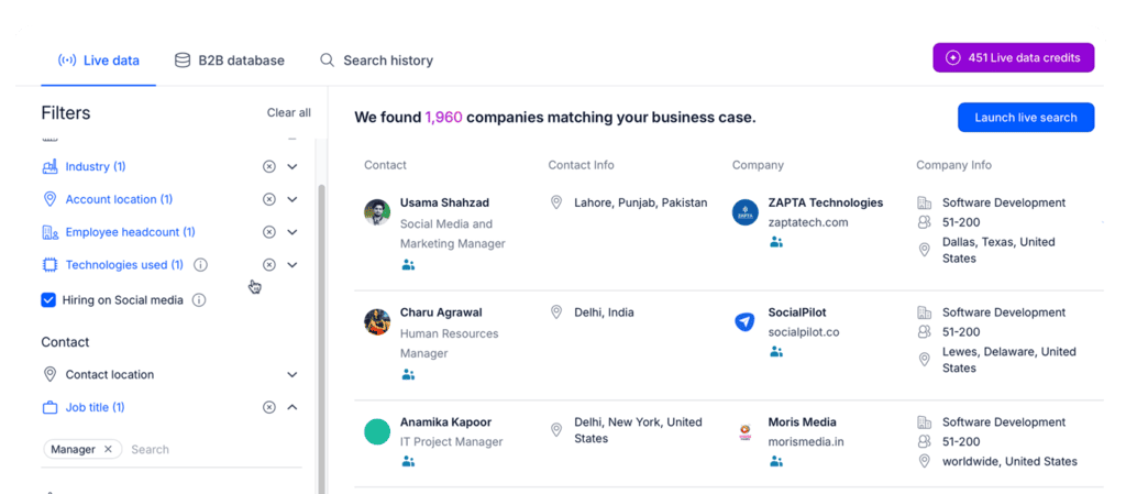 Reply Data live search results showing 1,960 companies matching a lead search, with contact and company details
