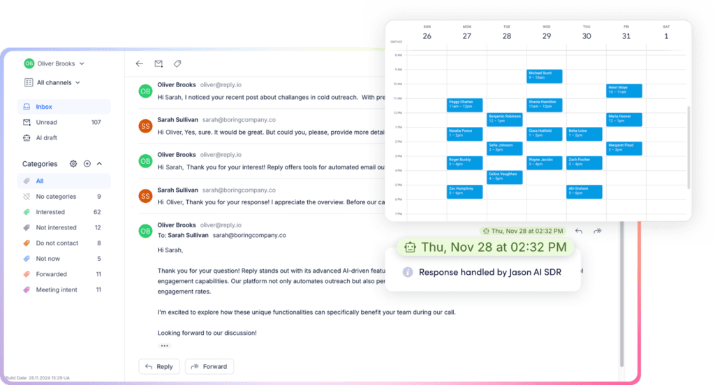Reply inbox with categorized labels like Interested and Meeting Intent, an email thread showing a response handled by Jason AI SDR, and a calendar with booked meetings