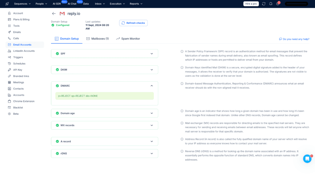 Reply.io Email Health Checker showing SPF, DKIM, and DMARC setup, the deliverability layer behind automated sales prospecting