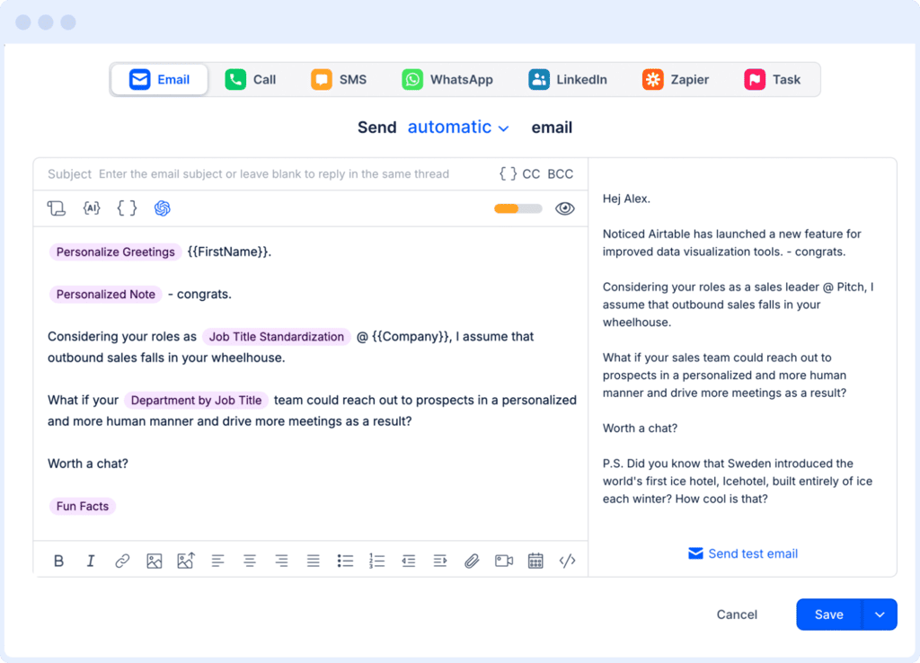 Reply.io email step editor showing AI-personalized variables like job title standardization inserted into a follow-up message