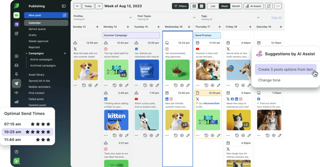 Sprout Social publishing calendar with a weekly content schedule, optimal send times, and AI Assist post suggestions