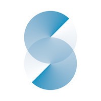 Abstract blue logo with overlapping circular shapes forming an S on a white background, using gradient blues.