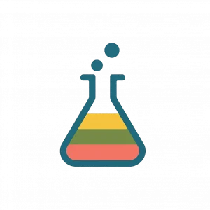 Illustration of a laboratory flask with multi-colored liquid layers (yellow, green, orange, pink) inside a teal outline, with two bubbles near the neck against a teal gradient background.