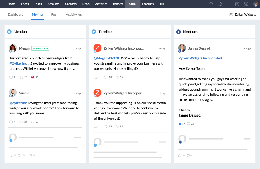 Zoho CRM Social tab monitoring Twitter and Facebook mentions with an Add to CRM button on each message